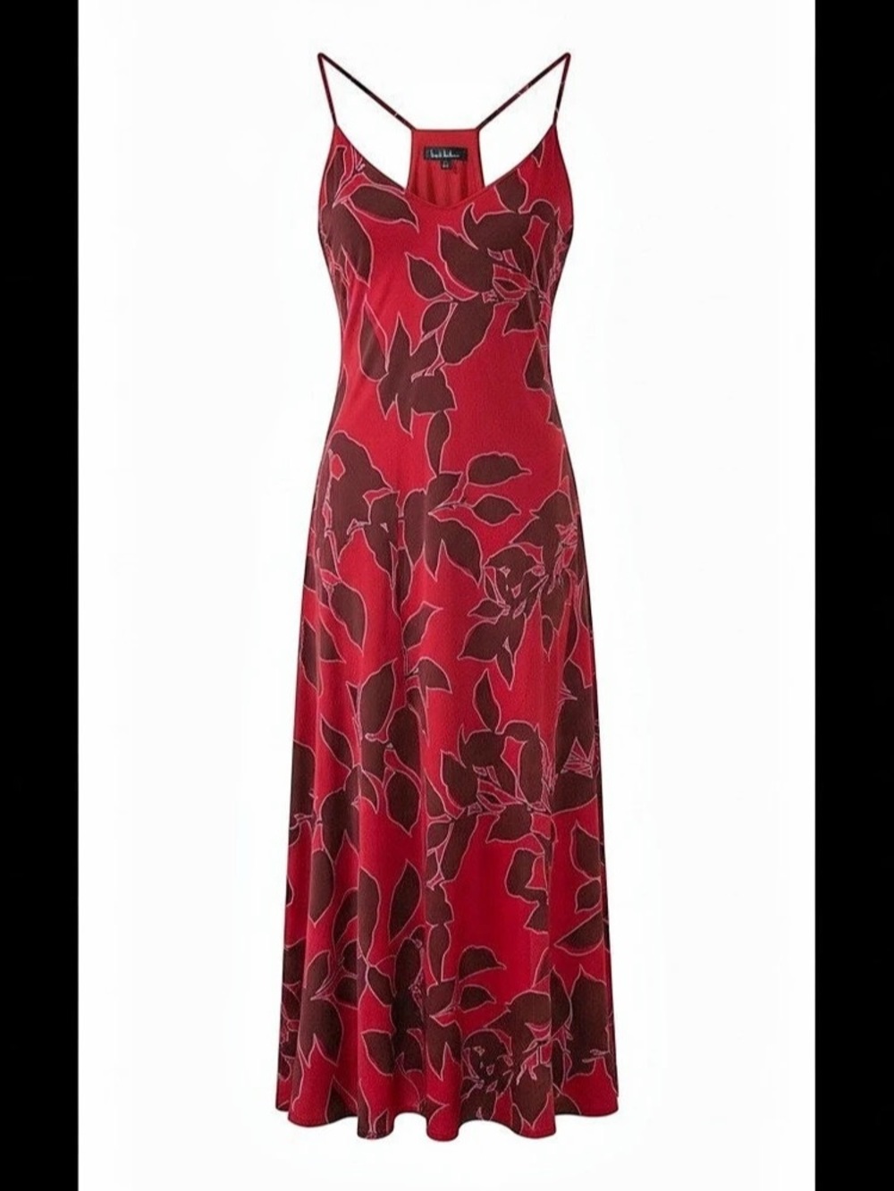 Nicole Miller Printed Satin Maxi Slip Dress Floral Red & Brown XL